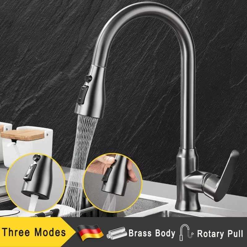 Rubinetto da Cucina Estraibile in Argento, Miscelatore in Ottone Rinforzato con Tre Modalità di Getto, Ugello in Acciaio Inox per Acqua Calda e Fredda