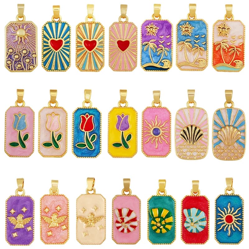 Collana con ciondolo carte tarocchi smaltate geometriche alla moda, forniture di gioielli con ciondolo quadrato con cuore colorato fiore angelo conchiglia R05