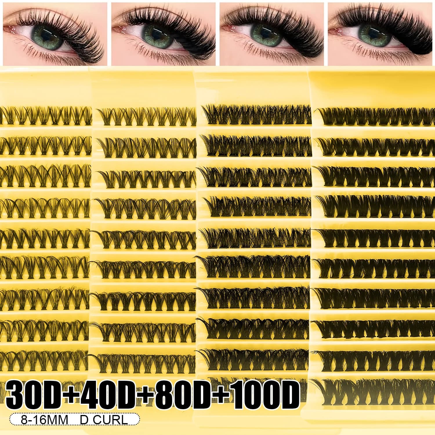 Kit Ciglia a Ciuffetti Fai da Te - Mix 30D/40D/80D/100D 8-16mm D Curl, Ciglia Finte Naturali Voluminose per Principianti