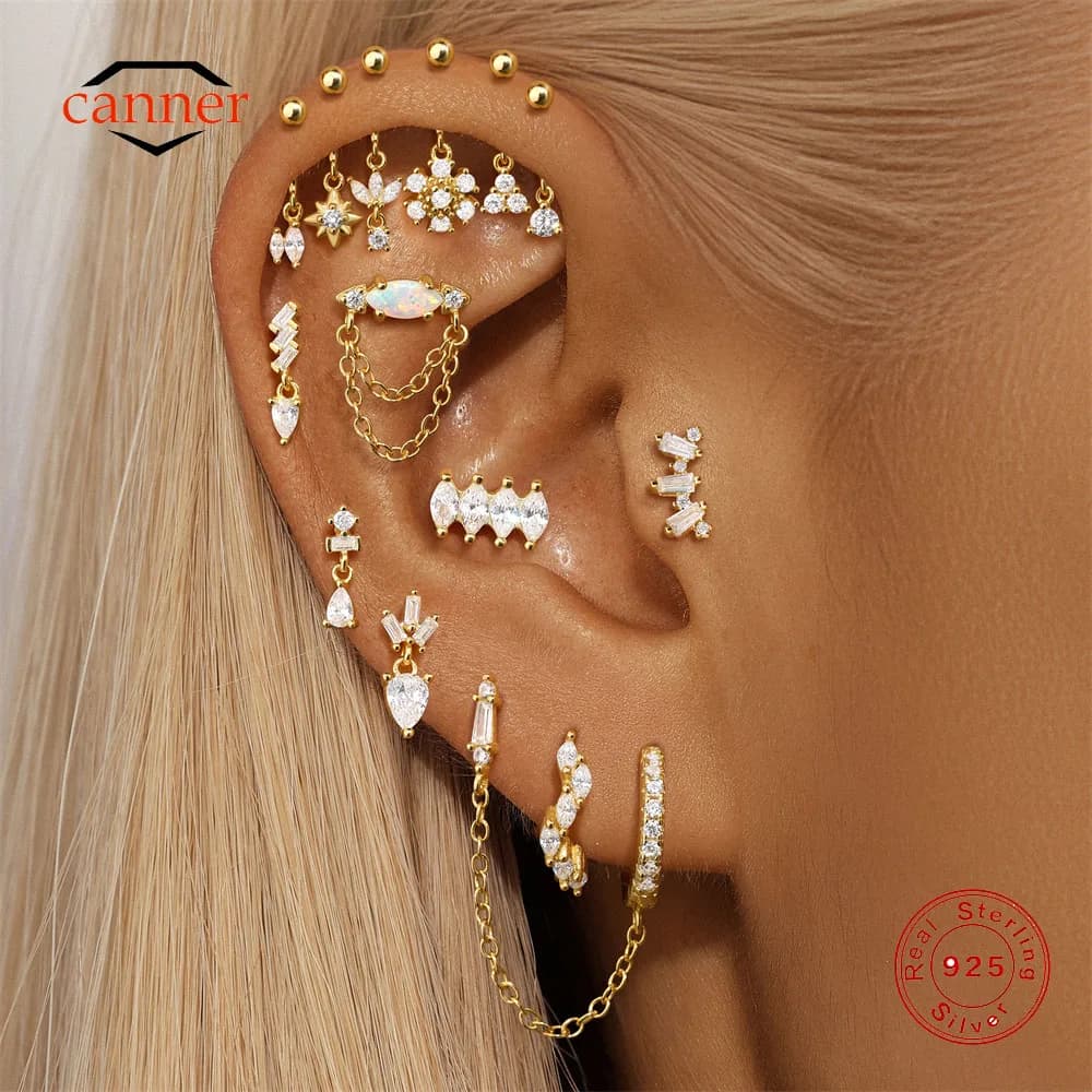 CANNER 1PC Zircone geometrico Cavallo Occhio Cartilagine Spirale Puntura 925 Orecchino in argento sterling Donne Otto punte Stella Orecchino