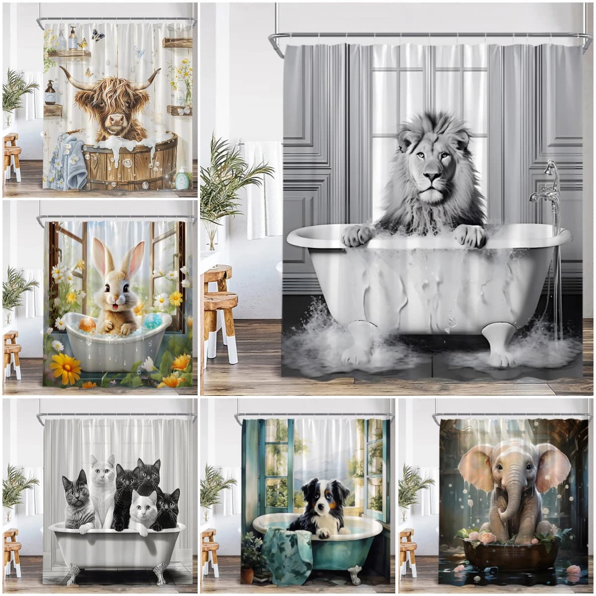 Tende da Doccia con Animali Divertenti, Mucche delle Highland, Maiali, Conigli, Cani, Decorazioni per Vasca e Bagno, Tende da Bagno in Poliestere con Ganci