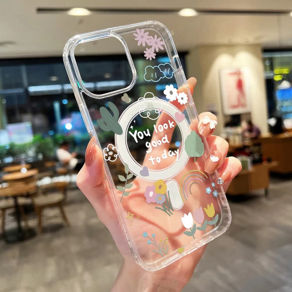 Flower Magnetic Phone Case For iPhone 13 11 17 Pro Max 16 15 14 12 17 Air 17Promax Silicone Shockproof Transparent Funda Cover