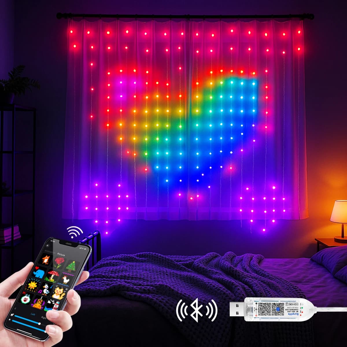 Smart BT APP Testo fai da te Modello anime Display RGBIC Fata LED Tenda luminosa Stringa Sincronizzazione musicale San Valentino/Compleanno/Decorazioni per feste