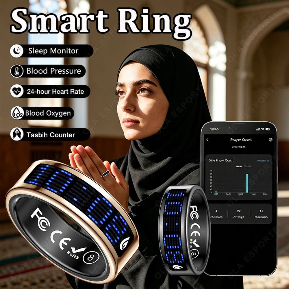 Nuovo Anello Smart alla Moda per il Benessere, Impermeabile 5ATM, Monitoraggio Frequenza Cardiaca/Sonno/Ossigeno nel Sangue, per Uomini e Donne, Anelli Smart per la Preghiera Musulmana