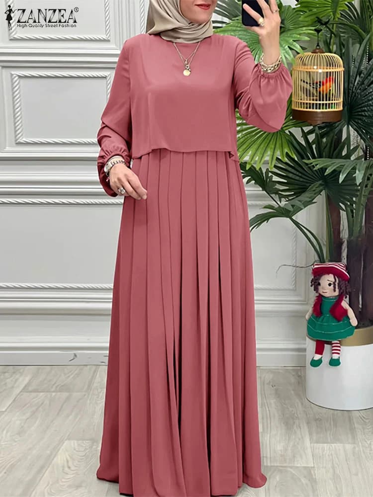 Abiti Primaverili Patchwork da Donna 2026 ZANZEA, Abaya Musulmana, Elegante Vestito Lungo con Maniche Lunghe e Pieghe, Abbigliamento Islamico