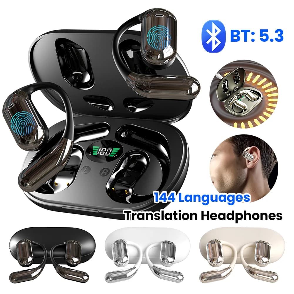 Auricolari Traduttori AI 3-in-1, 140 Lingue, Cancellazione del Rumore, Bluetooth 5.3, Cuffie Intelligenti per Traduzione Vocale in Tempo Reale