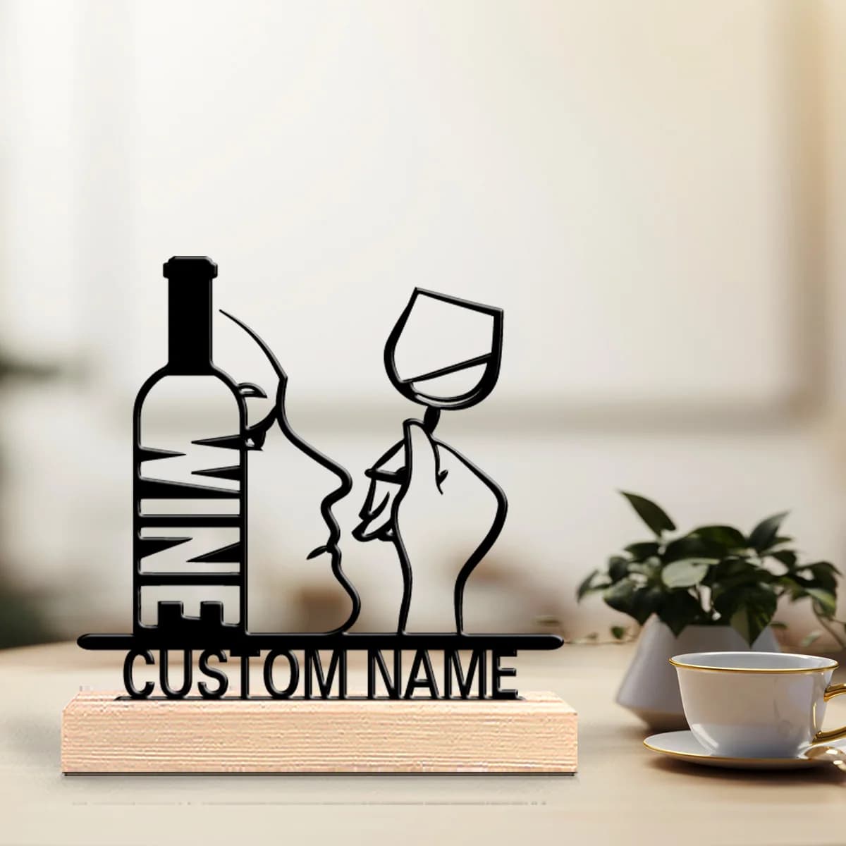 Statua in Metallo Personalizzata a Forma di Bicchiere di Vino con Base in Legno, Decorazione per Bar, Cucina, Sala da Pranzo, Temi Rustici Moderni