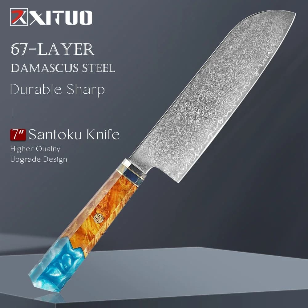 XITUO 7 Inch Santoku Knife Damascus Steel Japanese Kitchen Knife Sharp Cleaver Chef knife Pro Slicing Knife Meat and Vegetables