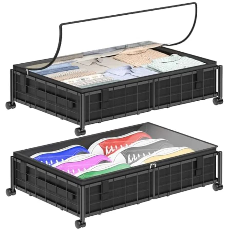 Contenitore Sottoletto con Ruote e Borsa Portaoggetti 360 ° Cassetti in metallo con ruote sotto il letto per vestiti, coperte, libri e scarpe, neri, 2 pezzi