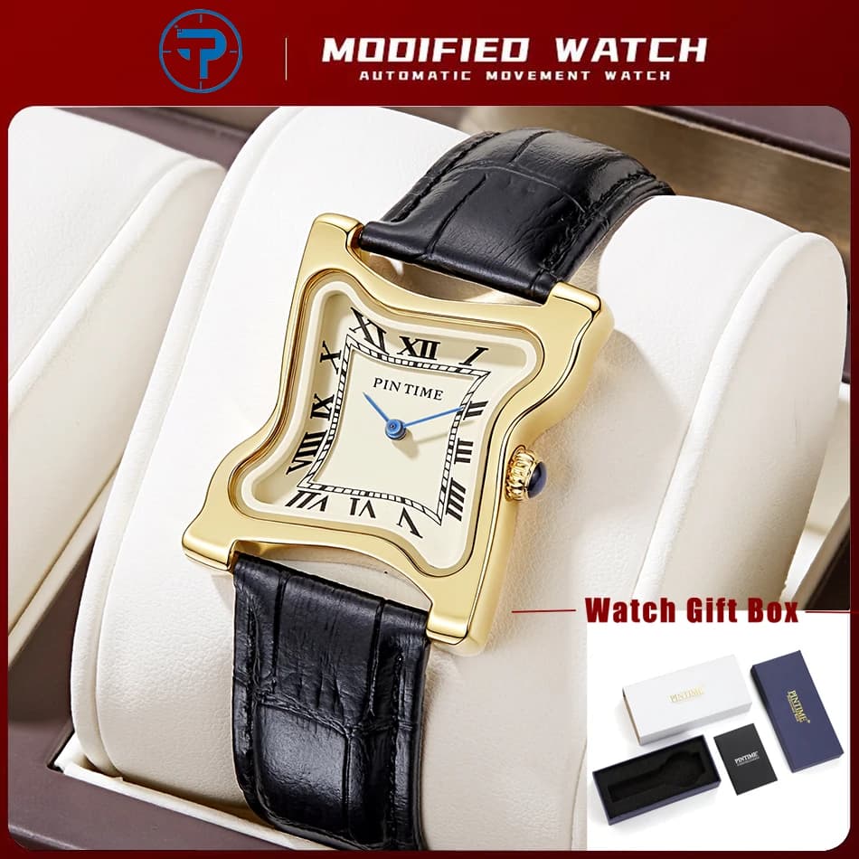 Y2K Square Watch with Fusion Effect Dial, Golden Big Case, Roman Numerals, Leather Strap, Wrist Watch for Men and Women, Elegant Fashion