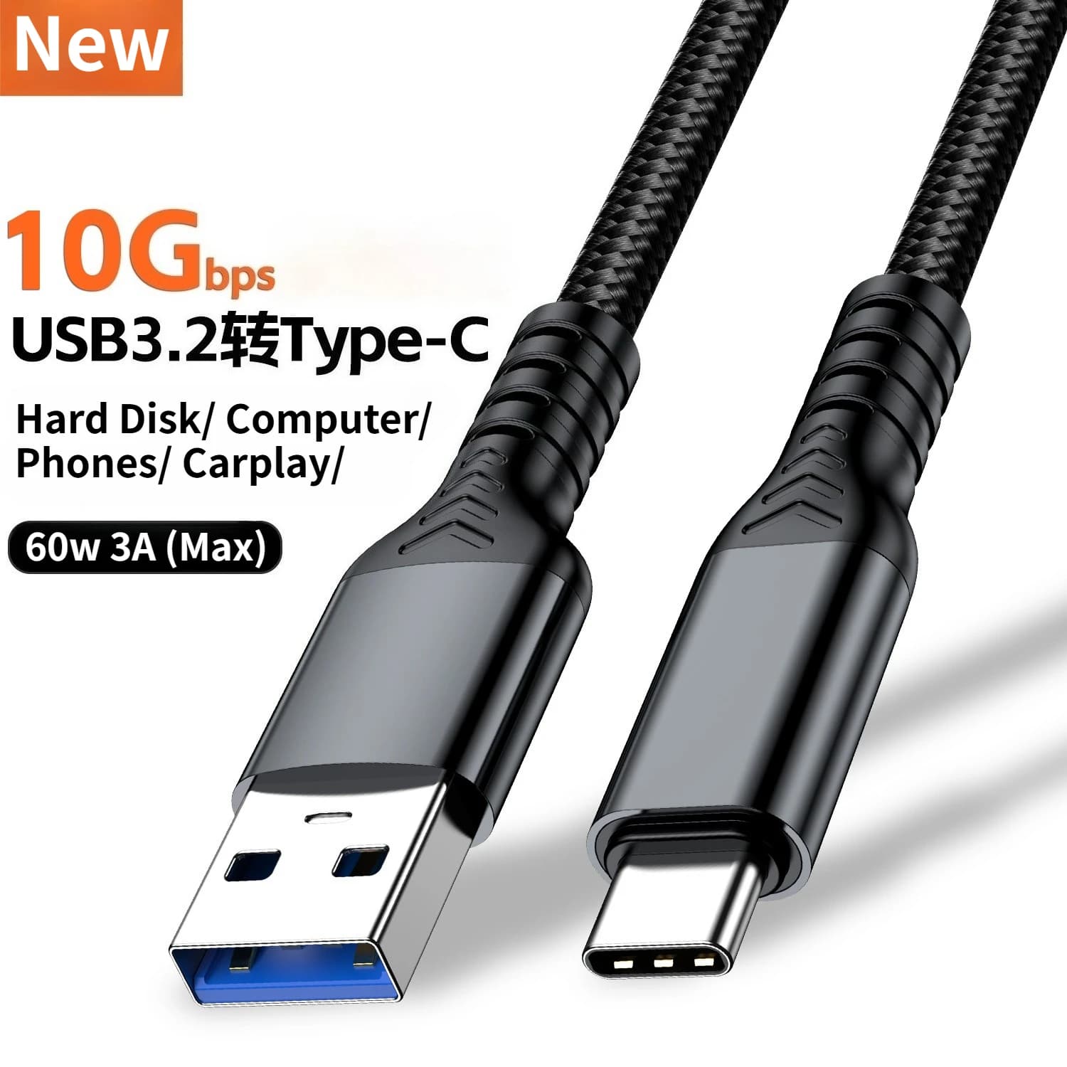 0.5m 1m 3m 5m USB 3.2 10Gbps Tipo C Cavo USB A a Tipo-C Trasferimento dati USB C SSD Disco rigido Carplay Cavo 3A PD 65W Ricarica rapida