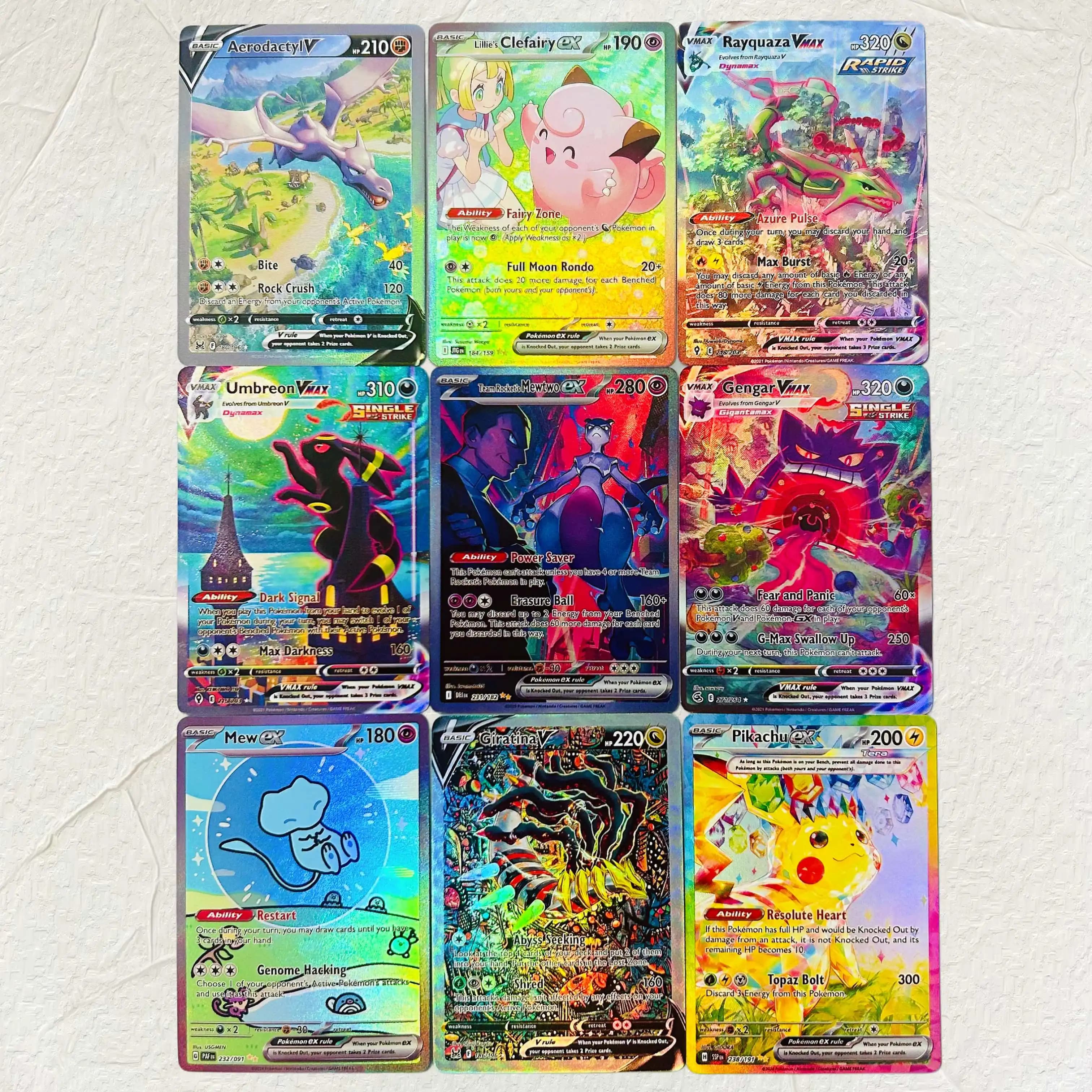 DIY Aerodactyl Clefairy Rayquaza Umbreon Mewtwo Gengar Mew Giratina 9Pcs Foil Texture Cards EN Premium Anime Collection Cards