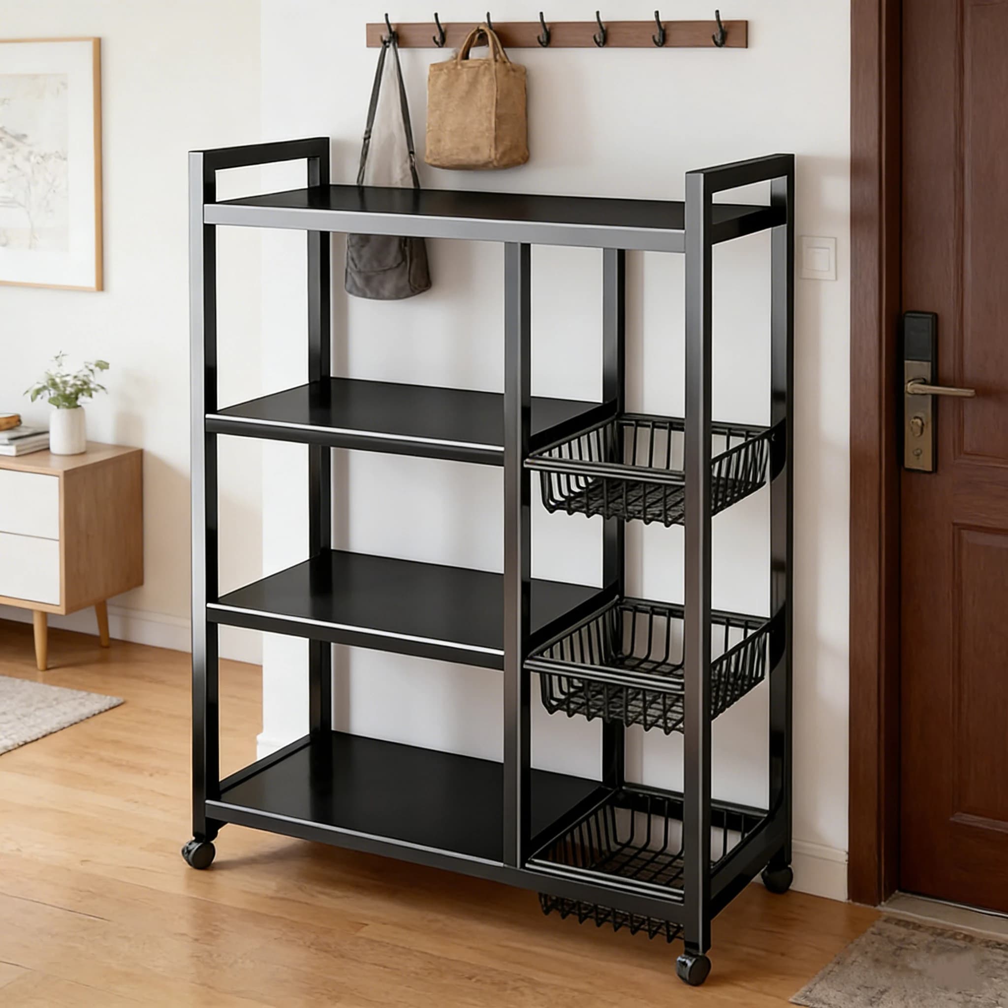 1pc portable storage rack, adjustable 4-layer storage shelf with 3 wire baskets, kitchen organizer and storage, wheeled rack, suitable for garage, pantry, bathroom, closet, warm room, new home gifts
