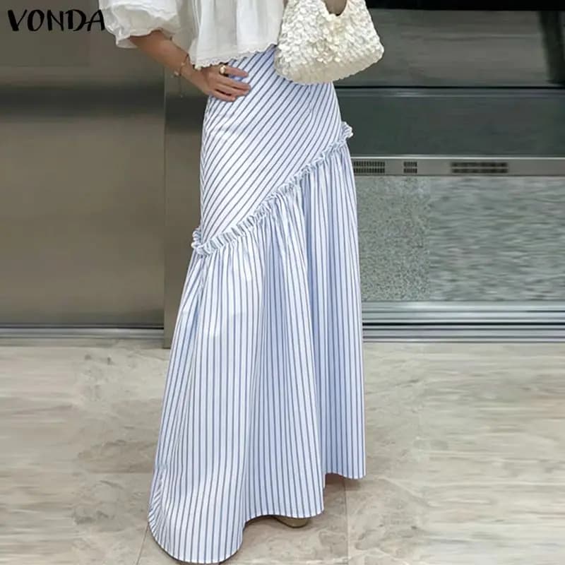 VONDA Gonna Lunga Maxi a Vita Alta a Righe da Donna Taglie Forti 5XL, Casual, Ampia, con Volant, Moda Vacanze 2026