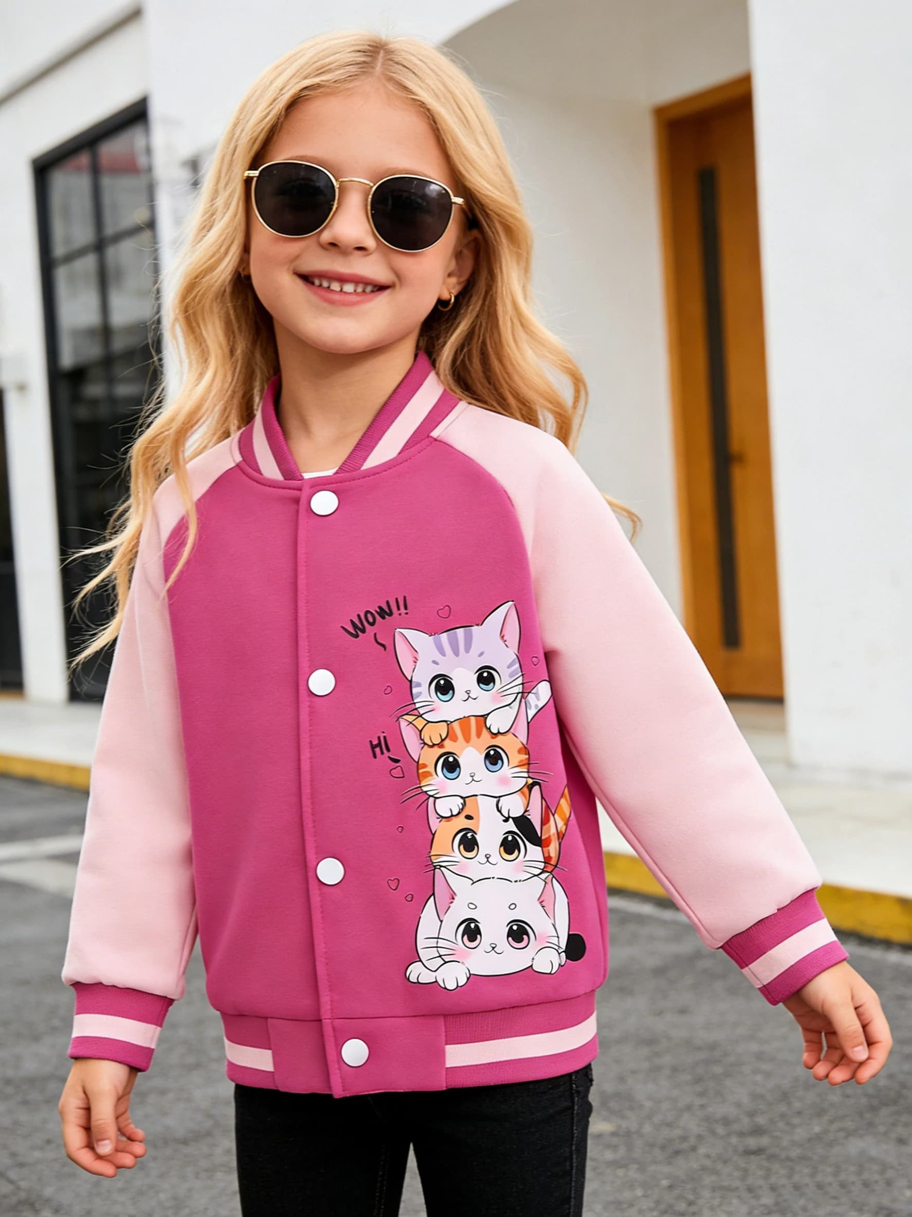Baseball jacket for girl with heart-shaped cat pattern, suitable for everyday outdoor activities of girls.