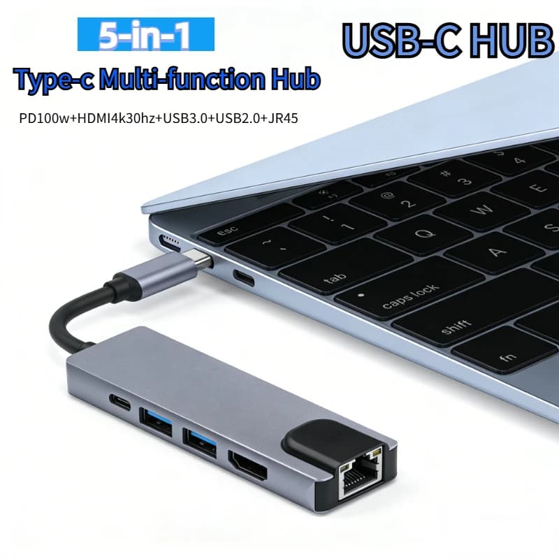 Hub Adattatore USB-C 5 in 1 con Ricarica PD, Porta Ethernet RJ45 100M, Porta HDMI, Docking Station USB-C per Laptop e Computer