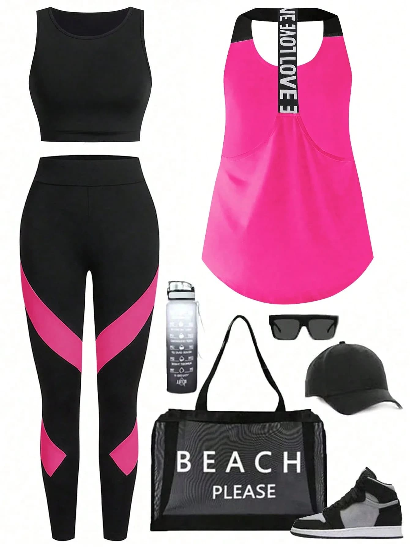 Top corto nero con scollo all'americana e orlo asimmetrico, leggings a contrasto, set sportivo 3 pezzi