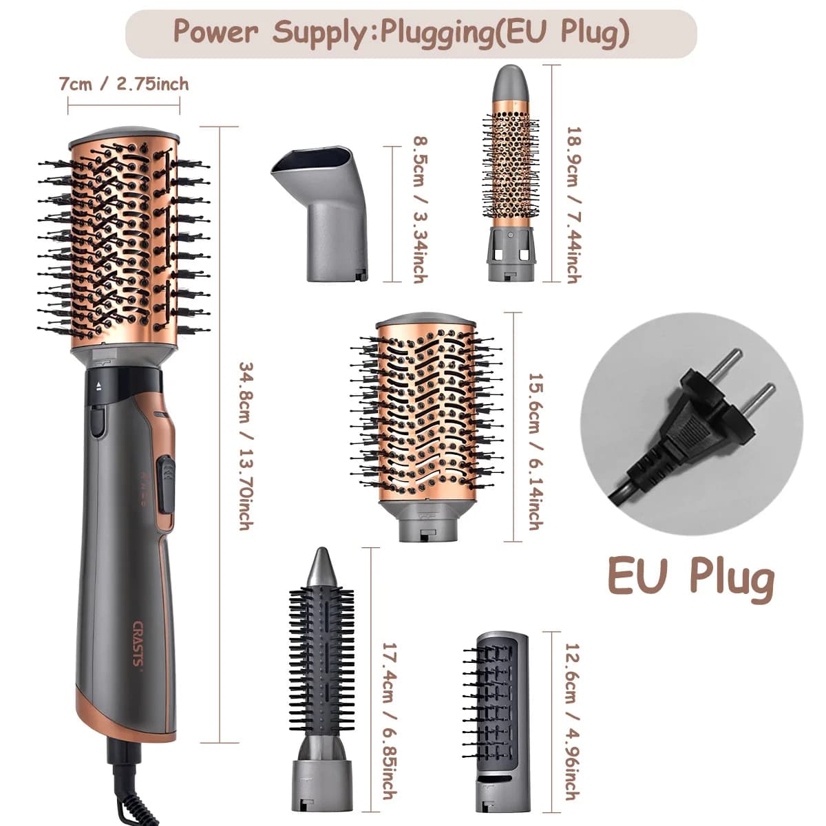 Hair styling set 5 in 1: hot air brush, automatic curling iron, double use to curl and smooth, for voluminous hair and big curls.