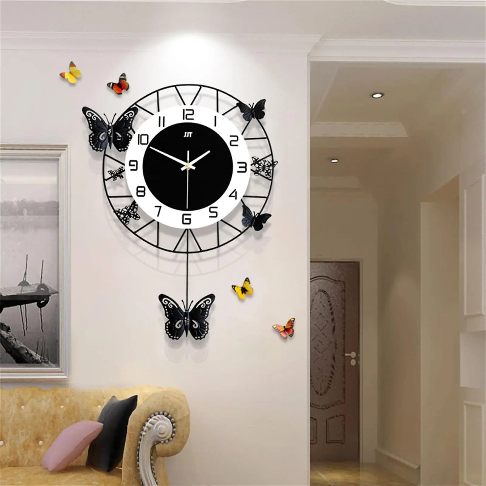 Orologio da parete rotondo grande da 20 pollici Decorazione a farfalla Pendolo silenzioso Funziona a batteria Orologio da parete a pendolo moderno senza ticchettio Decorazione artistica