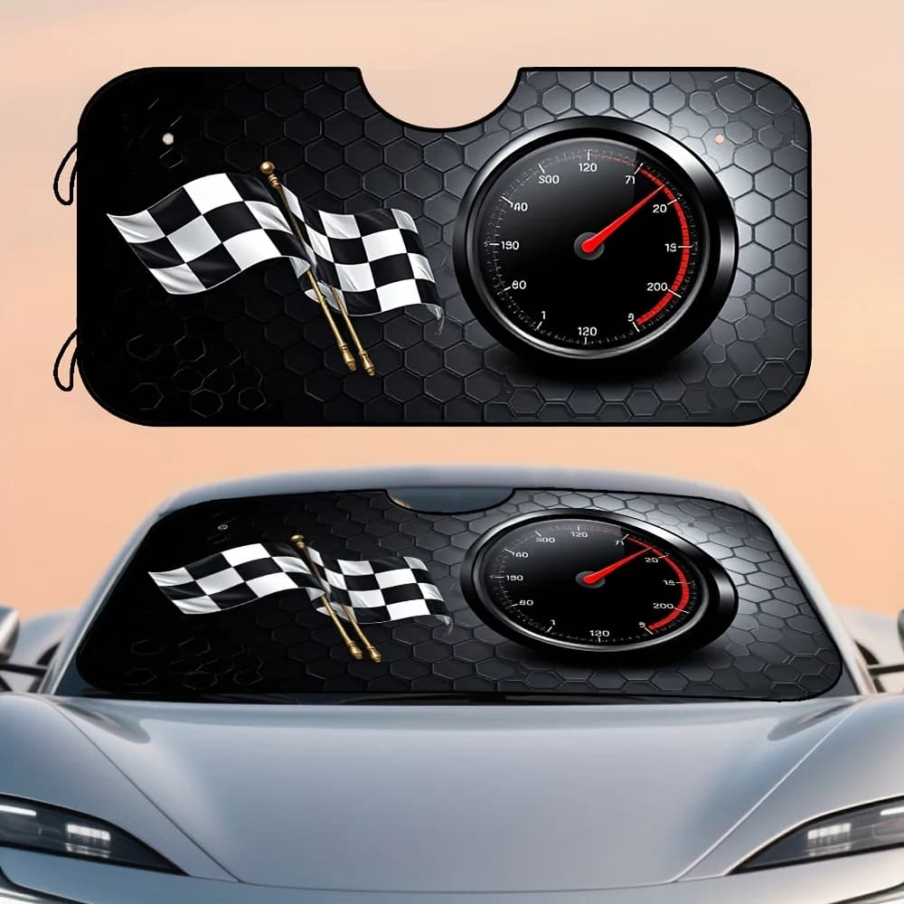 1 pezzo, bandiere da corsa tachimetro fantasia parabrezza anteriore per auto parasole, accessorio interno elegante ed efficace, ideale per Shor