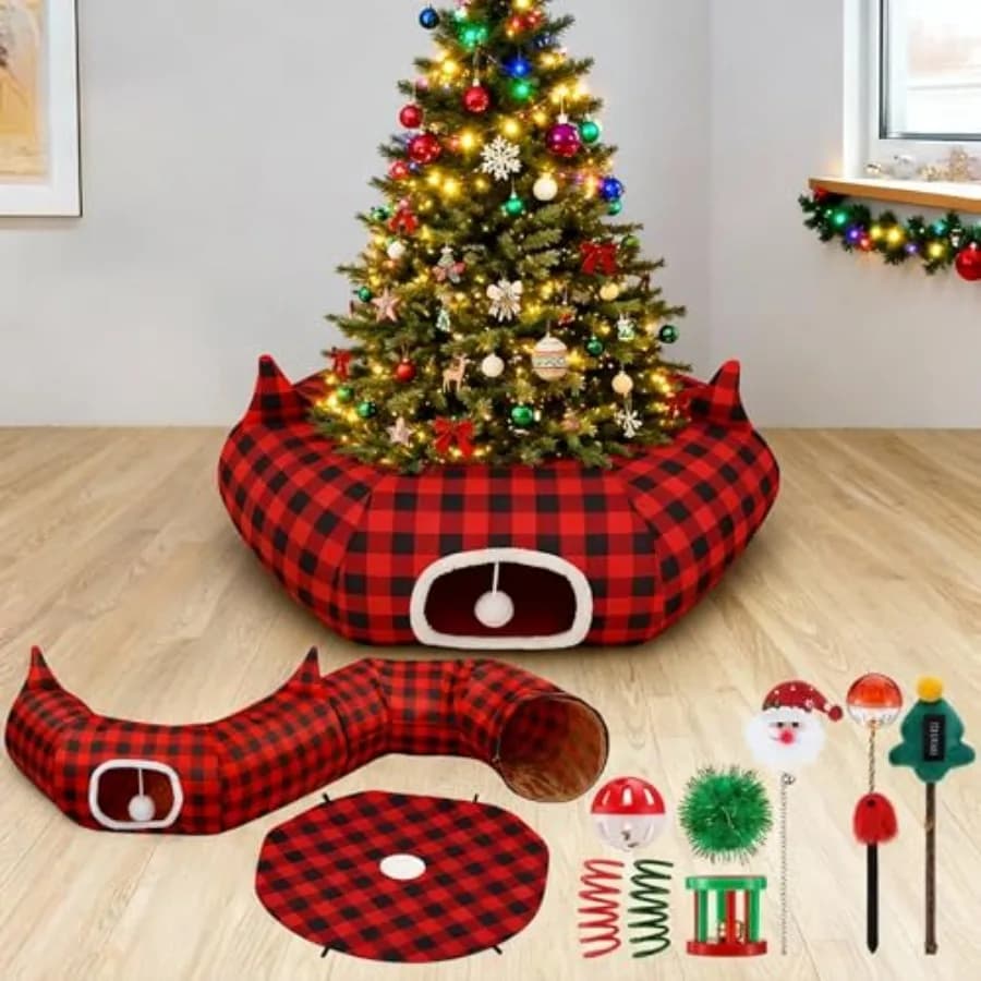 Set Natalizio per Gatti: 9 Pezzi con Tunnel, Grembialatura per Albero, 7 Giocattoli, Letto a Tunnel in Tessuto Buffalo Plaid 2.9ft x 2.9ft x 10.6inch, Pallina e Cuccia per Gatti