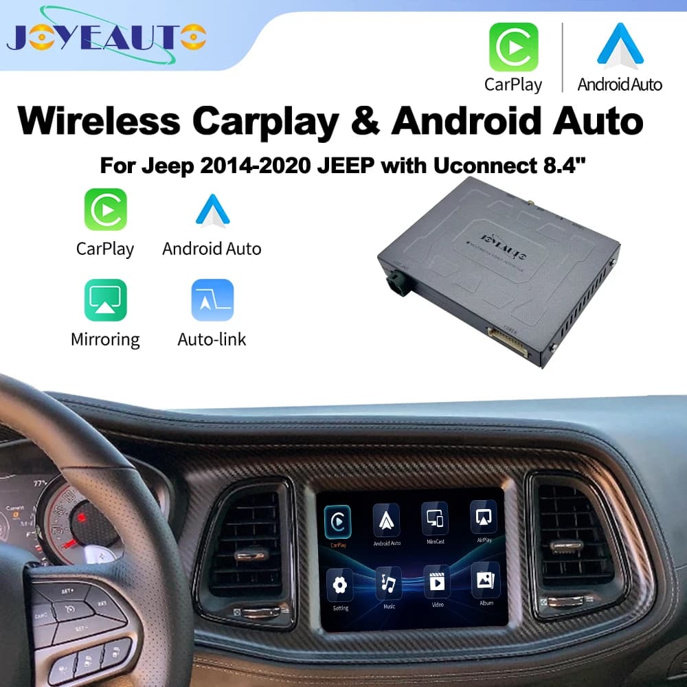 Interfaccia JoyeAuto Wireless CarPlay Android Auto Retrofit per Jeep Grand Cherokee Commmander Compass Uconnect 2014-2020MY da 8,4 pollici