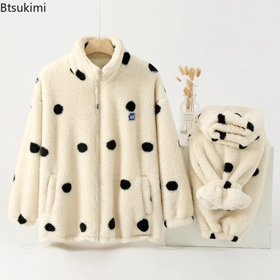 Autumn and Winter Stand Collar Plush Velvet Pajamas for Women Thickened Warm Nightwear Sleep Two-piece Set Pijama Mujer Invierno