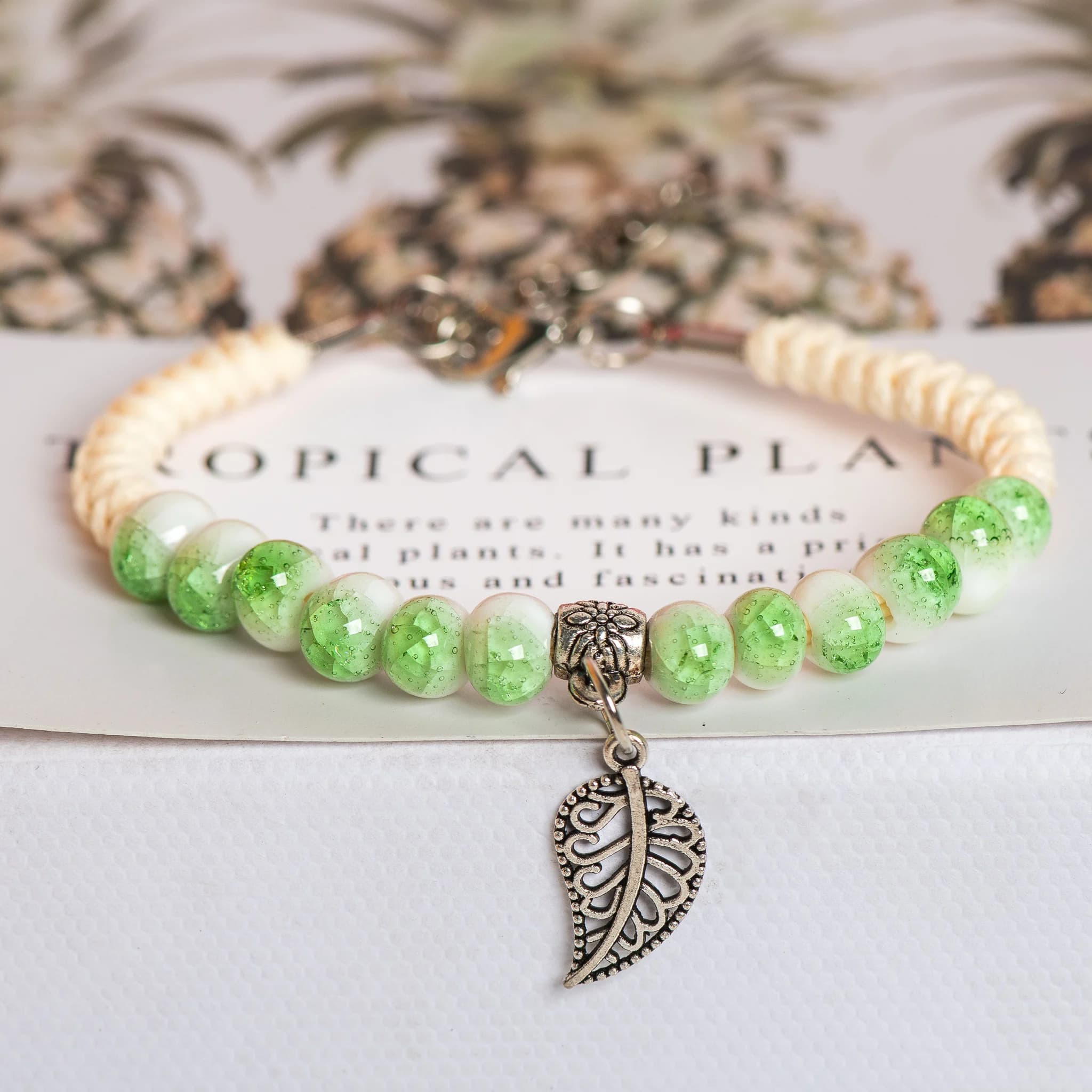 Handcrafted Ceramic Bead Bracelet Leaf Charm Adjustable Women’s Fashion Braided Jewelry Bohemian Gift Casual Accessories