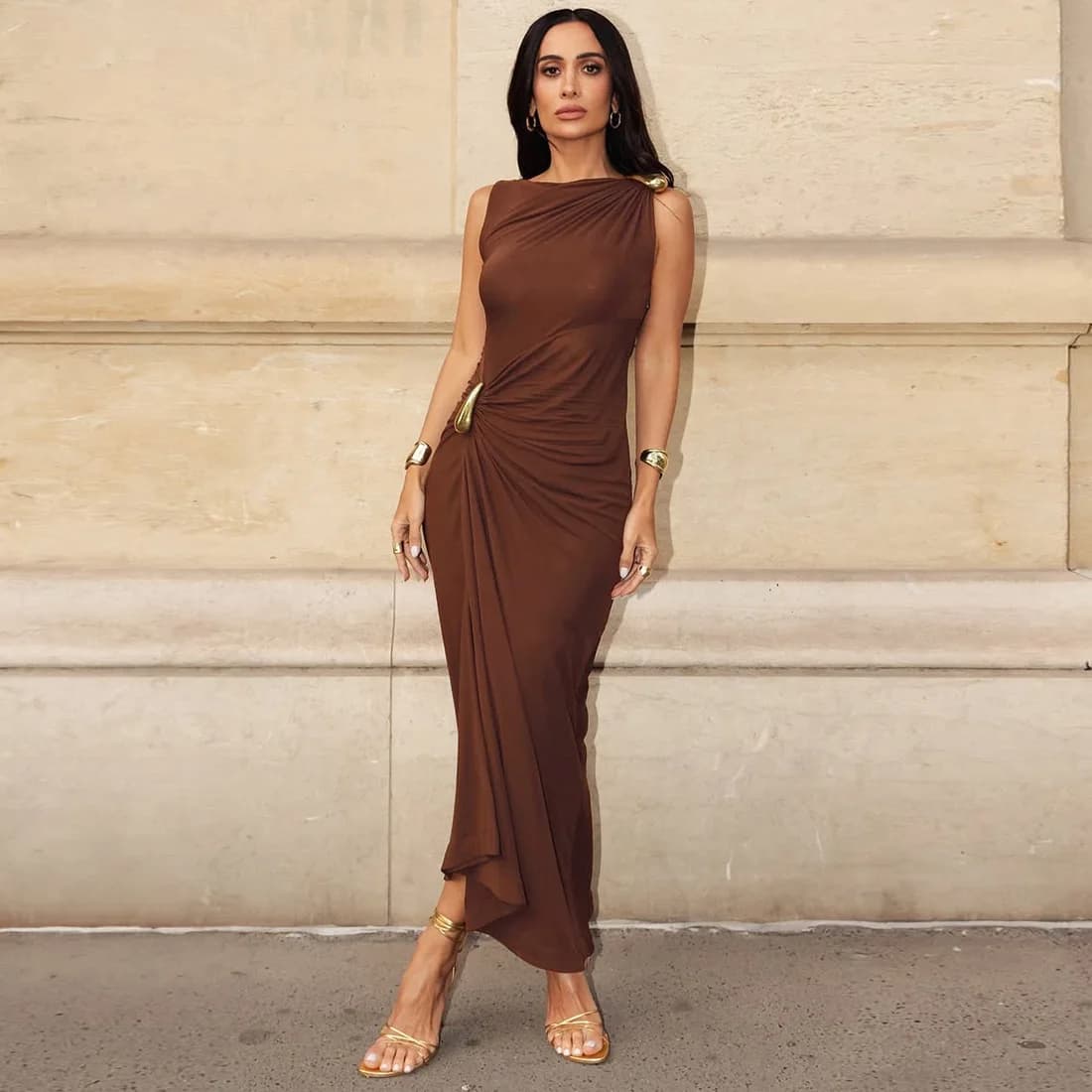 Fashionable Sexy Slim Fit Metal Decorated Wrap around Sleeveless Dress High Waist Polyester Thickened Summer New Arrival Wome...