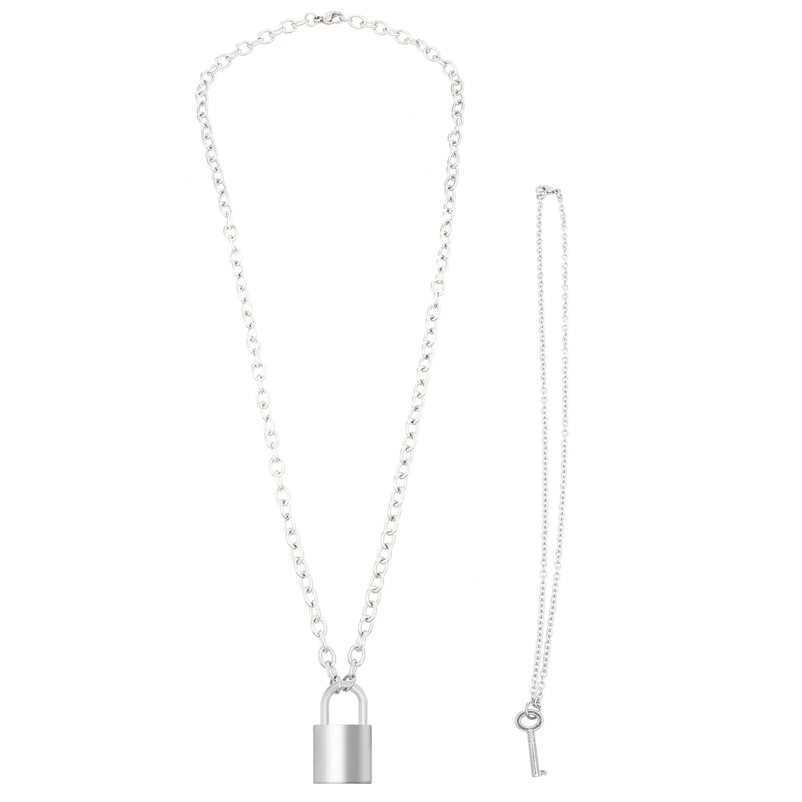 2Pcs Lock Key Pendant Clavicle Chain Necklace Metal Alloy Gift for Women Men Punk Style Trendy Jewelry Metal Alloy Necklace