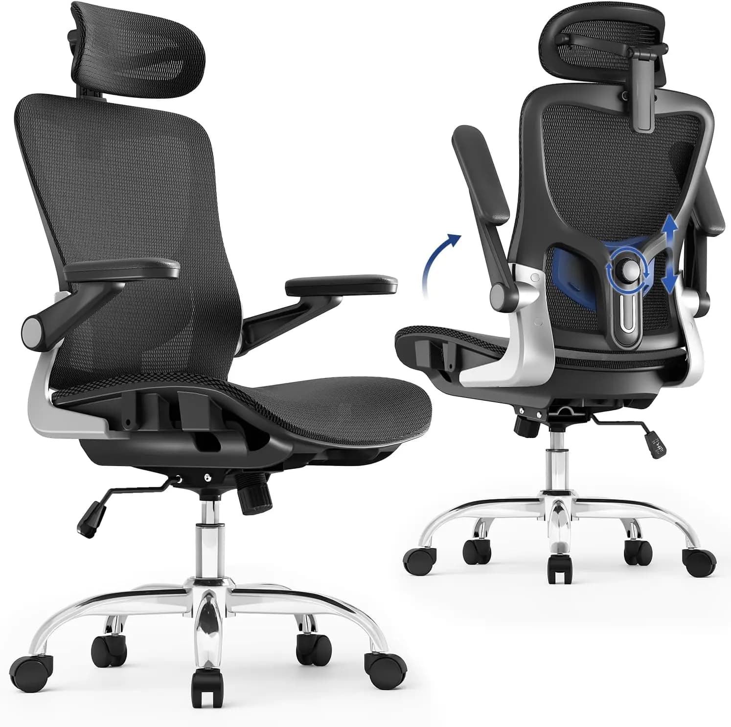 Sedia da ufficio ergonomica, cuscino del sedile in rete con braccioli 3D e poggiatesta 3D, supporto lombare regolabile con funzione dondolo, SGS
