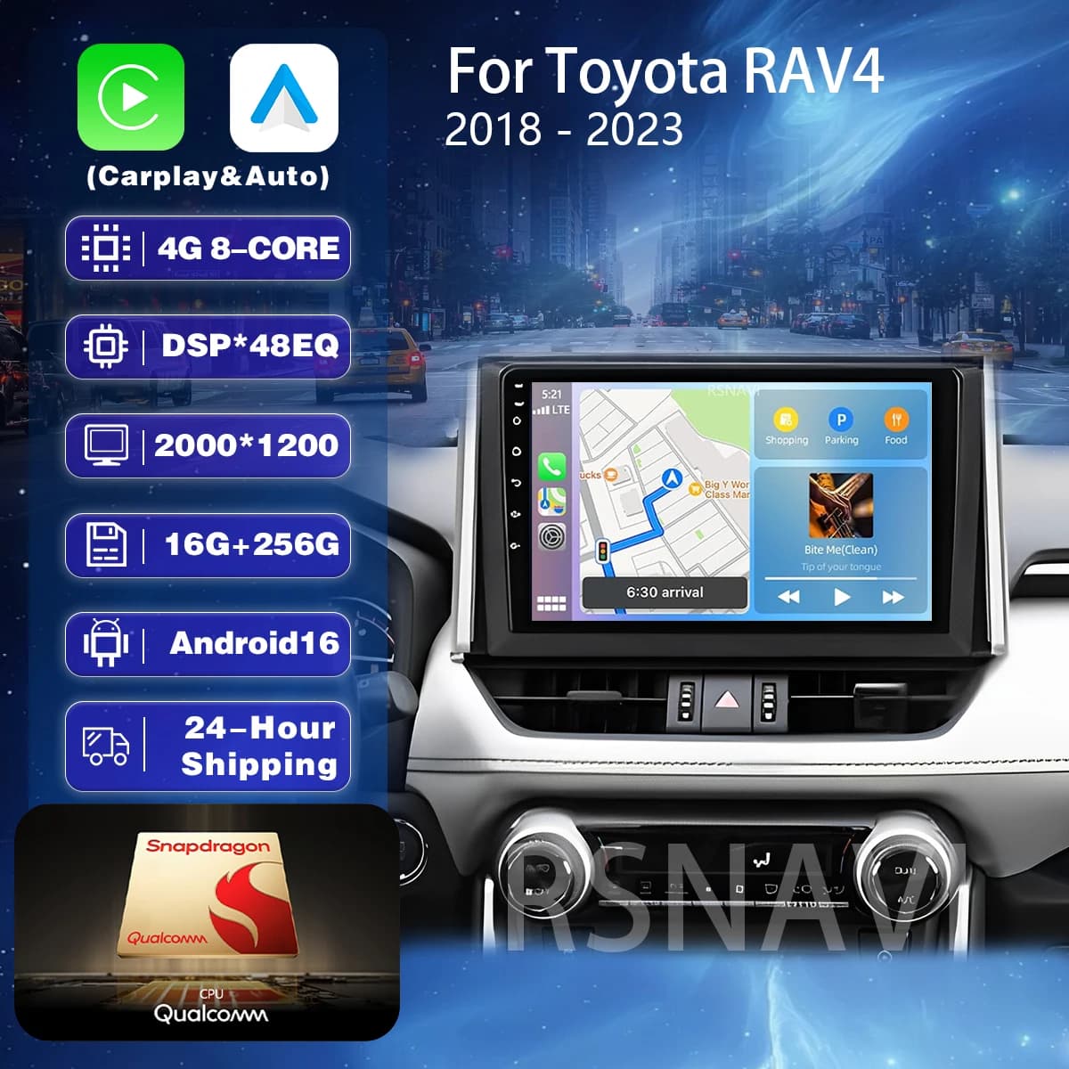 Autoradio multimediale Qualcomm Android 16 Carplay Auto con schermo 2K per Toyota RAV4 XA50 2018-2020, stereo 2 DIN