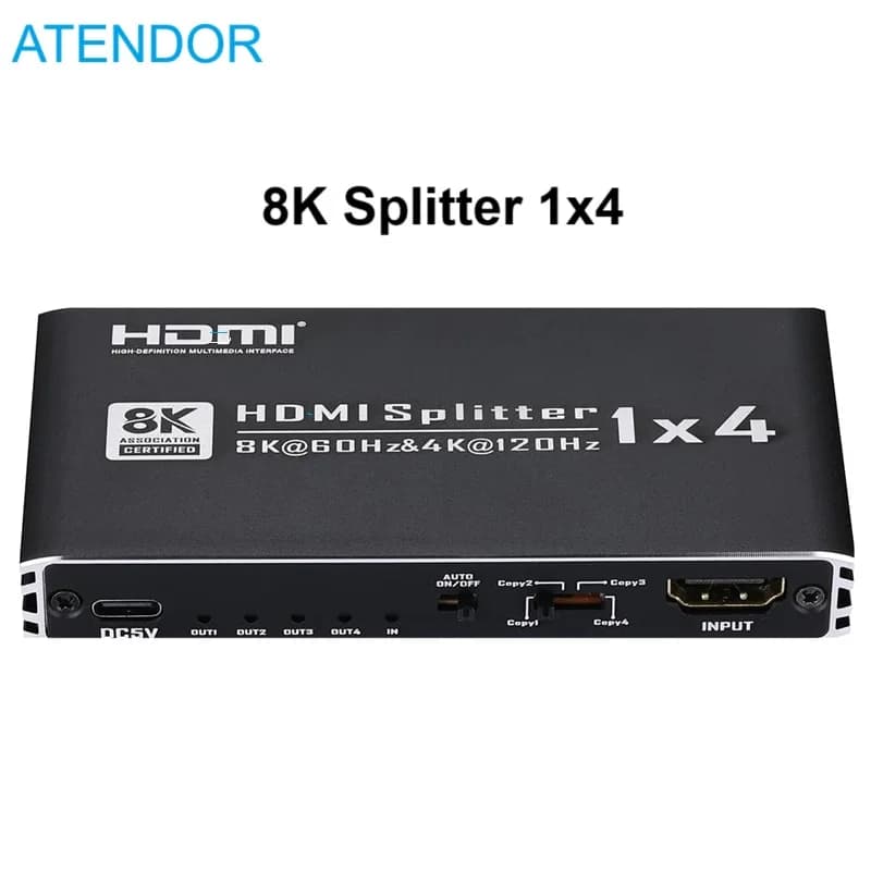 Splitter compatibile HDMI 8K a 60 Hz 1 ingresso 4 uscite 1x4 4K a 120 Hz 1080P a 240 Hz VRR HDCP2.3 HDR10 48 Gbps EDID Dolby Atmos 7.1 per PS5 XBOX