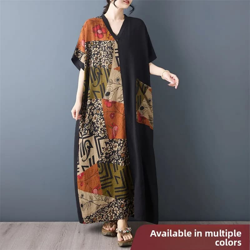 V-Neck Short Sleeve Long Dress Thin Cotton Linen Belly Cover Slimming Color Block Large Size Casual Fashion City Walk Dress
