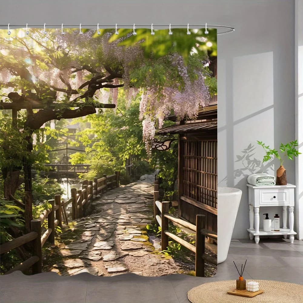 Tenda da doccia da giardino giapponese da 1 pezzo - Tenda da finestra per bagno extra lunga con fiori di glicine, percorso di ciottoli, verde illuminato dal sole