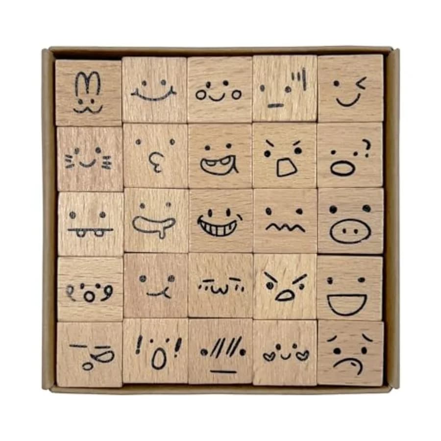 25pcs Mood Expression Wooden Rubber Stamps Kit, Cute Small Emoticon Theme Stamps for rative Diary Planner DIY Craft Scrapbook C
