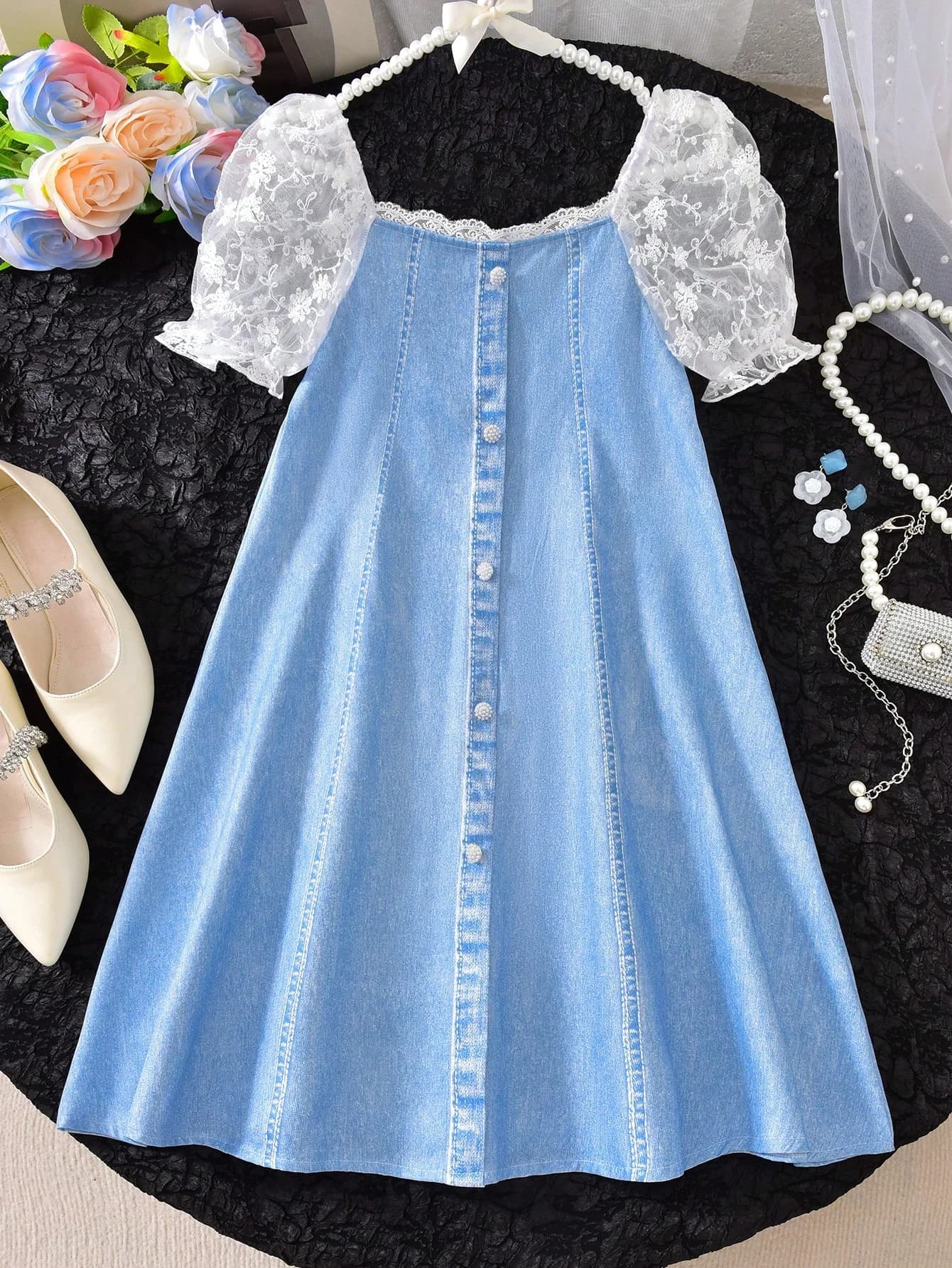 Girls Spring Summer Stylish Blue Short Sleeve Dress Loose Comfortable for Vacation Casual Outings Multi Occasions