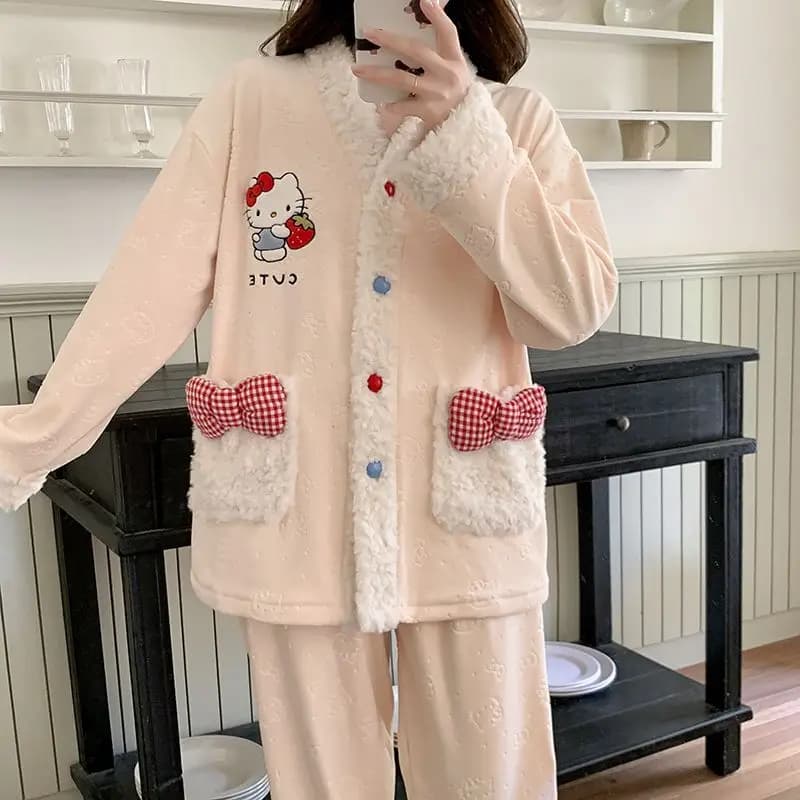 Pigiama da ragazza in velluto goffrato con Hello Kitty, dolce e carino, a maniche lunghe, caldo e delicato sulla pelle, per autunno/inverno