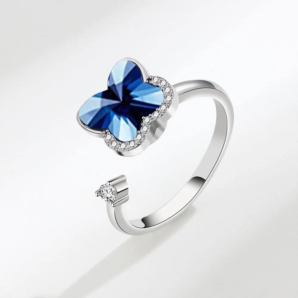 Anello aperto regolabile con grande farfalla blu in strass, gioiello antistress girevole in metallo per ragazza e donna