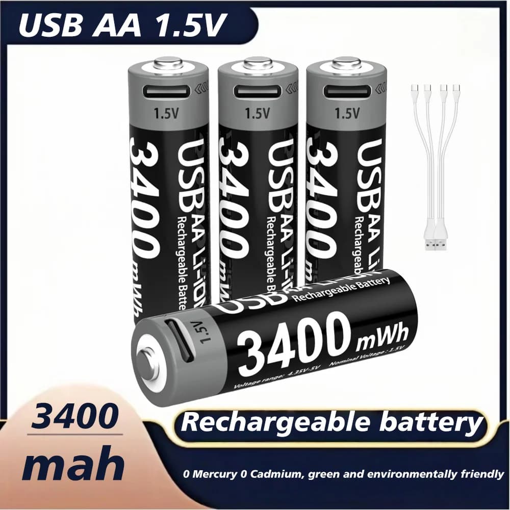 Batteria al Litio Ricaricabile USB Type-C 1.5V AA 3400mAh per Fotocamere da Caccia, Telecomandi, Mouse, Serrature Intelligenti, Microfoni
