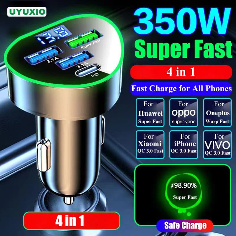 UYUXIO 4 in 1 caricatore per telefono da auto USB C con ricarica Super veloce con Display di tensione per iPhone Samsung Oneplus Huawei Oppo Vivo