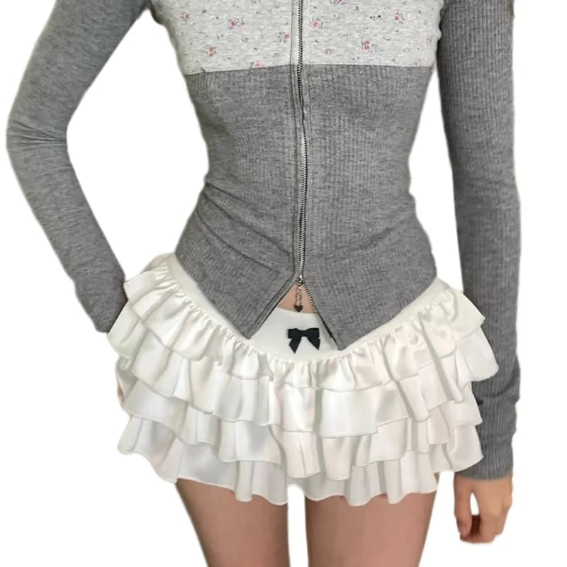 Women Sweet Bowknot Low Waist Tiered A Line Mini Skirt Aesthetic Solid Color Layered Ruffle Pleated Swing Ultrashort Cake Skirt