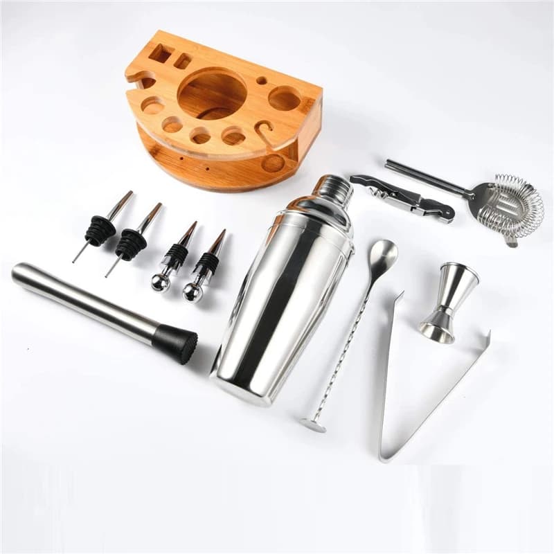 12 pz/set 750ml In Acciaio Inox Cocktail Shaker Mixer Drink Barista Kit di Bar Con Rack In Legno Bar Set Bar Accessori