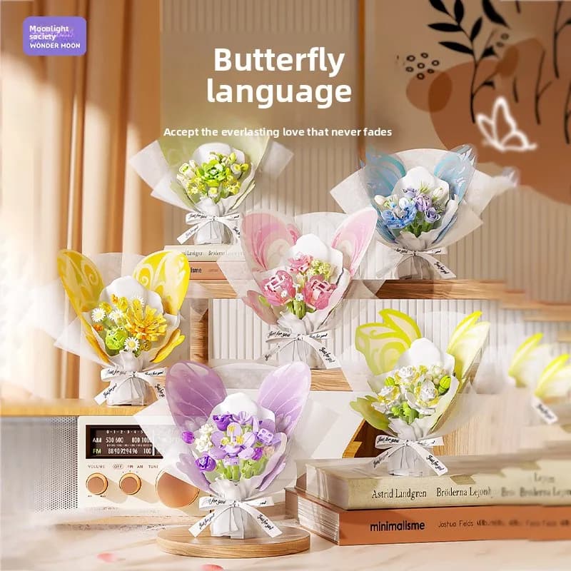 Fiore di farfalla della Moonlight Society 802049-802054 | Bouquet di blocchi fai-da-te in legno | Regalo educativo creativo per ragazze con fiori eterni