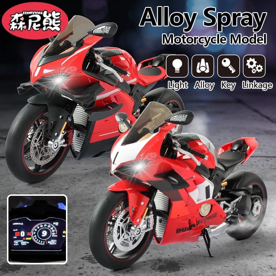 SENNIXIONG 1:7 V4 Modellino Dinamico di Moto da Corsa in Lega con Doppio Scarico, Suono e Luci, Giocattolo da Collezione per Adulti