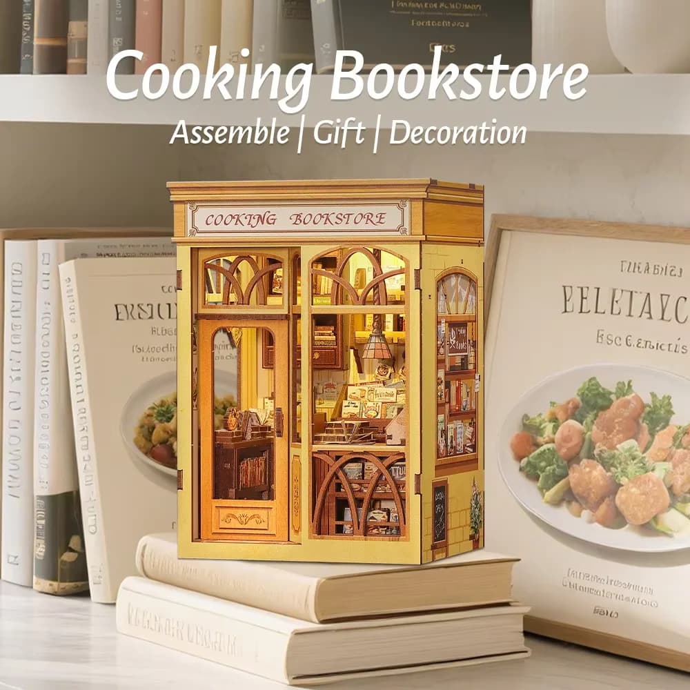 CUTEBEE Kit per angolo libro Casa delle bambole fai-da-te con inserto per libreria a luce LED Collezione di modelli per libreria da cucina per regali di compleanno per bambini