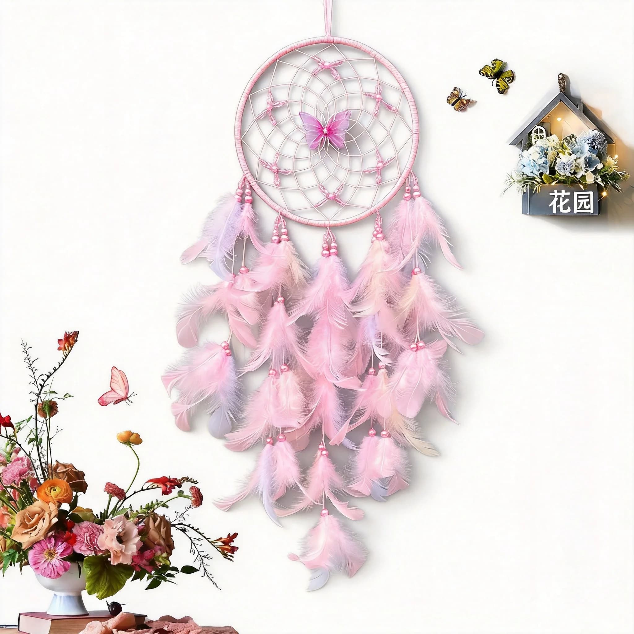 Chinese Style Butterfly Flower Good Luck Dream Catcher Soft Fluffy Feather Wall Hanging Ornament Boho Bedroom Decor Romantic Gif