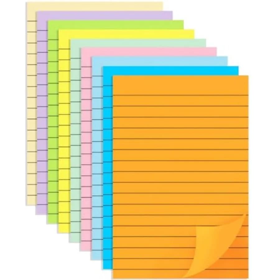 Confezione da 9 Blocchetti di Foglietti Adesivi a Righe 4x6 Pollici con Forte Adesivo, 9 Opzioni Colorate, Perfetti per l'Ufficio