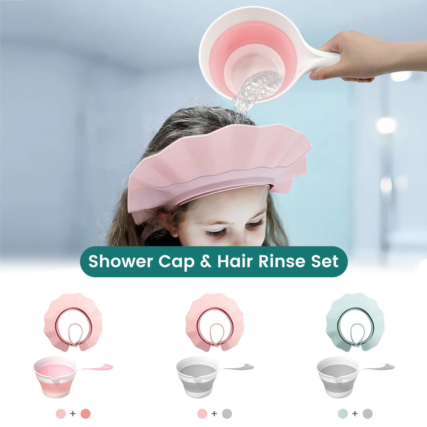Shower Headset and Hair Rinse Mug Set - Waterproof Children's Shampoo Washing Tool to Avoid Water From Eyes