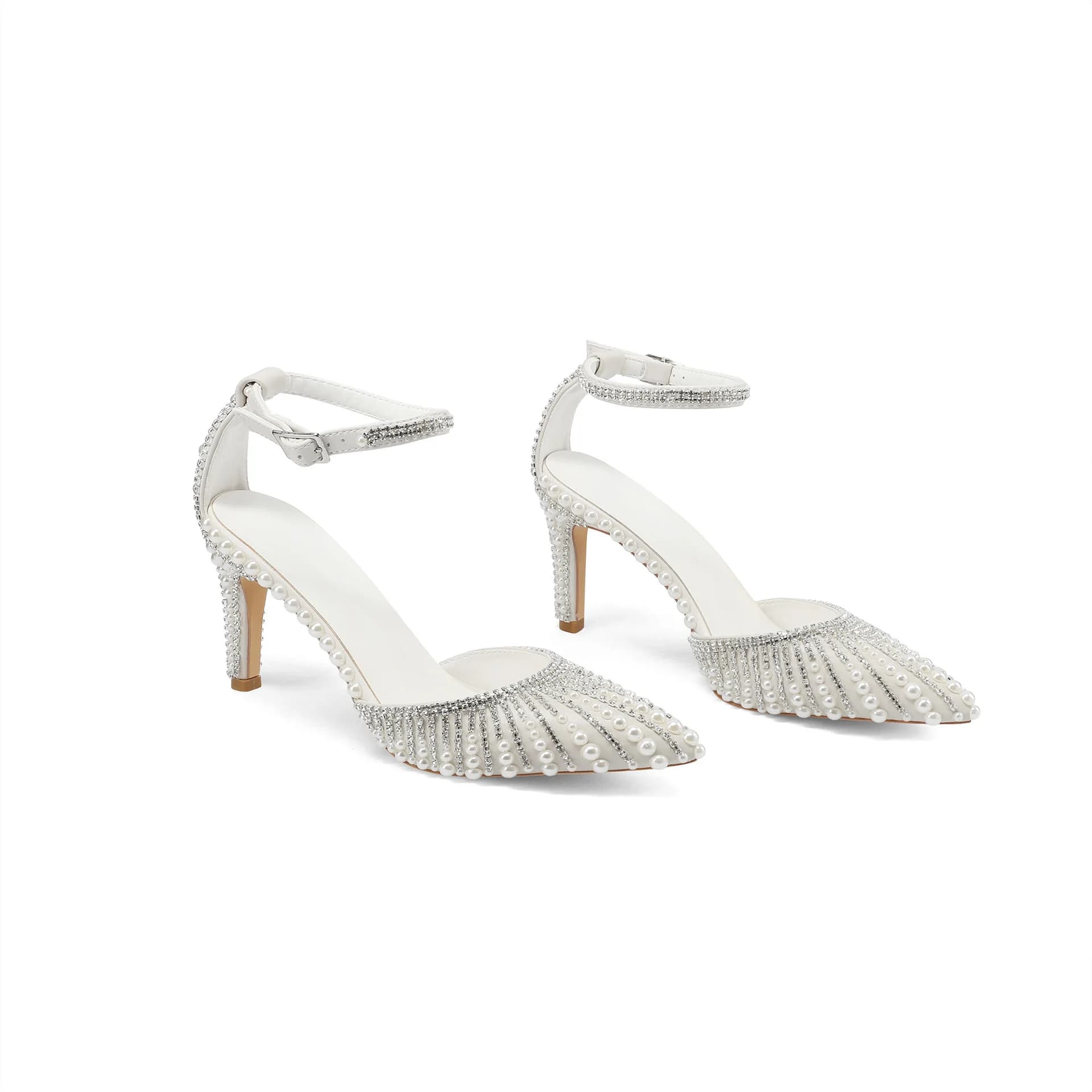 Sandali Estivi da Donna Bianco Perla con Punta Chiusa, Tacco a Spillo, Design con Cinturino a Fibbia, Misura Grande, Scarpe da Sposa a Punta